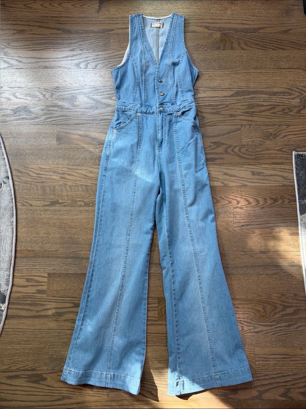 Free People Light Wash Denim Jumpsuit with Wide Legs (XS)